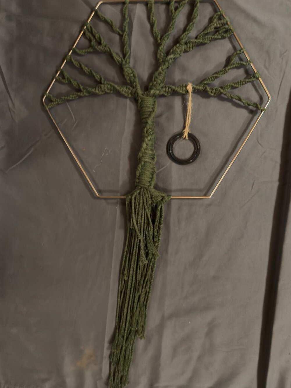 12" Gold Hexagon Ring Boho Macrame Green Tree of Life with Tire Swing